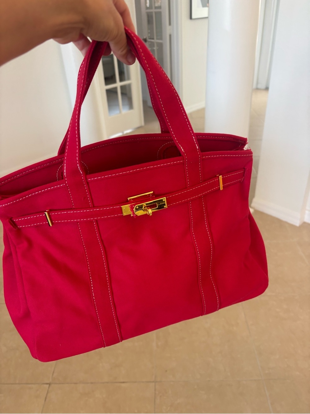 Red Structured Cavas  Top-Handle Women’s Tote with Gold Hardware